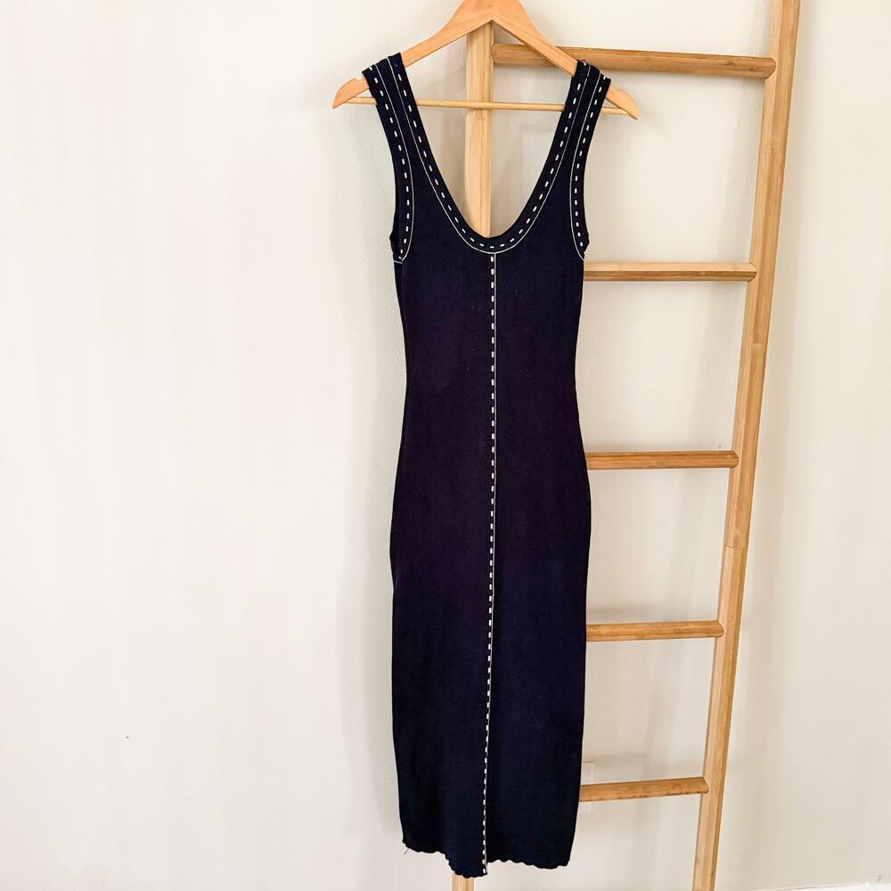 House of Harlow 1960 Ribbed Knit Midi Dress Navy Contrast Stitch Medium